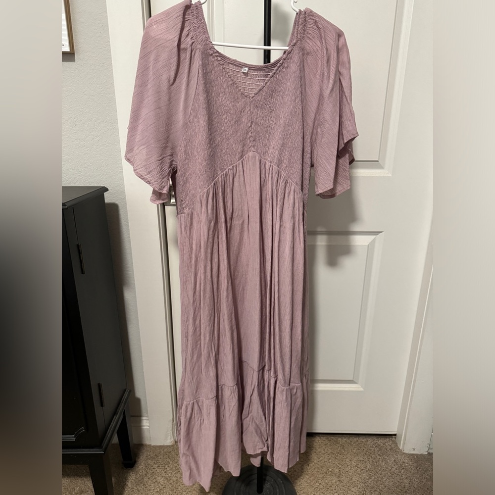 Dusty Mauve Short Loose Sleeve V Neck Shirring Midi Dress